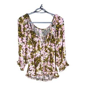 Free People Sweet Memories Smocked‎ Brown/Pink Floral Blouse Size Large